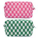 2 Pieces Makeup Bag Pouch Checkered Cosmetic Bag Pink Green, Travel Toiletry Bag Organizer Cute Makeup Brushes Storage Bag for Women (Green & Rose red)