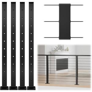 WHATWEARS 35.4" Cable Railing Post 6 Pack, Black Square Drilled Level Railing Kits Outdoor Indoor, Metal Post with Base & Screws for Indoor Outdoor Level Decks