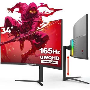 Raywego 34 Inch Curved Gaming Monitor, WQHD 3440 x 1440p, 165Hz 1ms, 21:9 Ultrawide, 127% sRGB, Ergonomic Height Adjustable Stand, PIP/PBP, RGB Backlight, Black