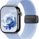Braided Stretchy Band Compatible with Apple Watch Bands Women Men, Soft Nylon Solo Loop Magnetic Sport Strap for iWatch Slate Blue, 44mm/45mm/46mm/49mm/(42mm-series 3 2 1)