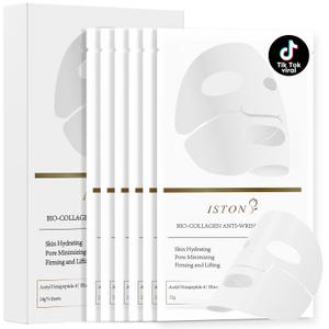 ISTON 6 Pack Bio-Collagen Real Deep Anti Wrinkle Lifting Mask,Overnight Hydrating Face Mask for All Skin Types -Pore Minimizing,Elasticity Enhancing,Firming,Moisturizing (White)