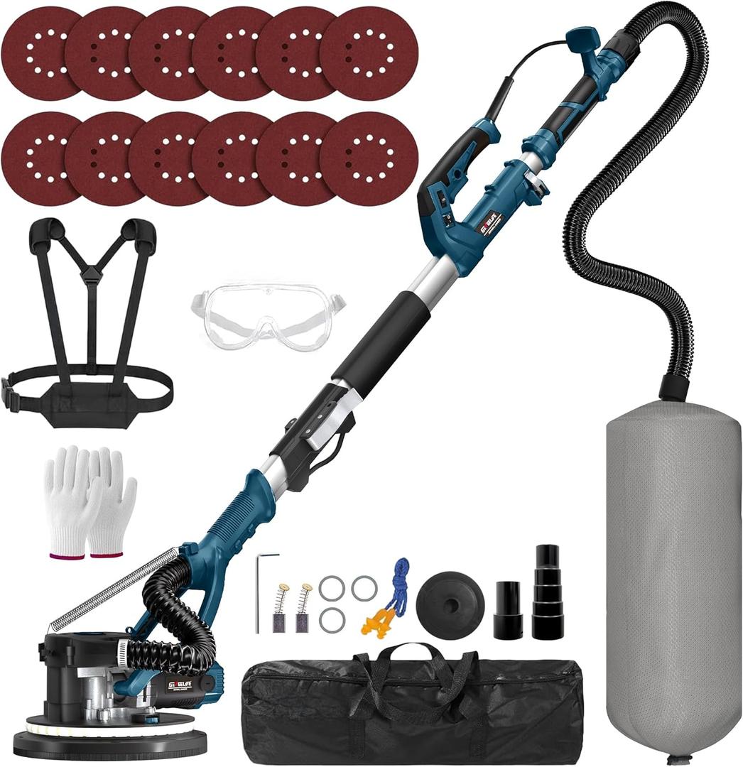 GEVEELIFE Drywall Sander, 880W 7.33A Electric Drywall Sander with Vacuum Dust Collector, 5 Variable Speed 1000-2100RPM, LED Light, Foldable & Extendable Handle, 12 Sanding Discs (Blue)