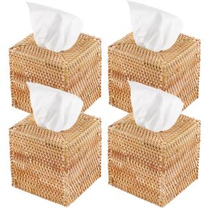 4 Pack Rattan Tissue Box Cover Square, Hand Woven Wicker Tissue Holder, Tissue Box Holder, Wicker Tissue Box Cover, 5.5 x 5.5 X 5.5 inch, Natural