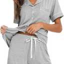 Aamikast Button Up Pajama Set for Women Shorts Short Sleeve Knit Sleepwear 2 Pice Pjs Sets (Gray, XXL)