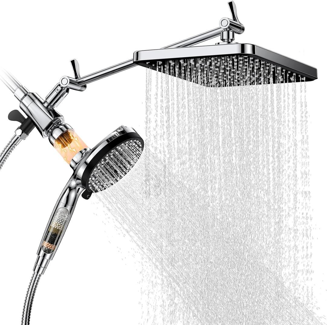 High Pressure Rain Shower Head Combo with Upgrade Magnetic Filtered Detachable Handheld Showerhead (10 Modes), 12" Rainfall Shower Head, 12" Adjustable Extension Arm, Chrome