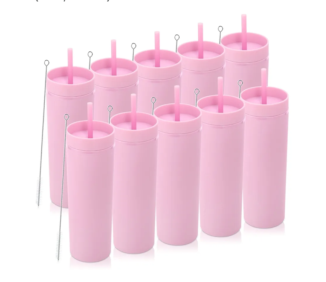 Volhoply 20oz Plastic Skinny Tumblers Bulk 10 Pack,Double Wall Tumbler with Lid and Straw,BPA Free Matte Acrylic Iced Coffee Cups With Straw,Reusable Travel Cute Mug for Party,DIY Gift(Pink, 10 Set)