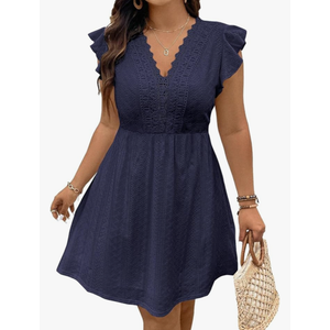 Eytino Plus Size Dresses for Women Summer Ruffle Cap Sleeve Lace V Neck Embroidery Eyelet A Line Dress XL