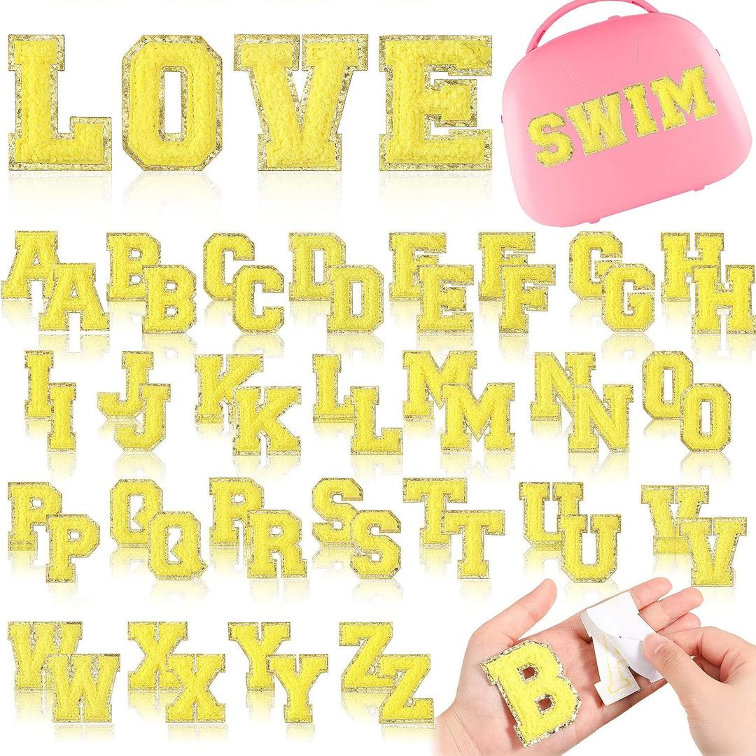 WILLBOND 52 Pcs Chenille Letter Patches A-Z, Self Adhesive Alphabet Patches for Clothes, Bags, Hats DIY, Name Craft & Personalized Best Mom Groovy Wedding Gifts (Light Yellow,2.2 Inch)
