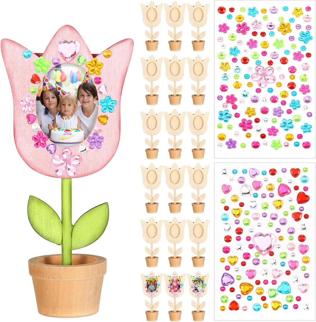 Tellingyou 18 Pcs Spring Craft Bulk Mothers Day Crafts for Kids Classroom Spring Flower Picture Frame Kit Flower Pot DIY Wood Picture Frames with 2 Gems Stickers Gift for Family Kids(Tulip Shape)