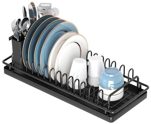 Compact Small Dish Rack Sink Drying Rack with Silicone Mat, Stainless Steel Dish Drainer for Kitchen Cabinet, Kitchen Sink Rack,Dish Holder, Black