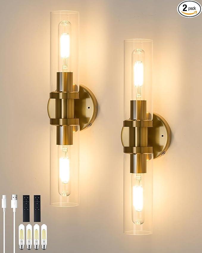 8000mAh Battery Operated Wall Sconce with Remote Control, 22 Inch Gold 3000K/4500K/6000K Rechargeable Wall Sconce, Crystal Bubble Wireless Wall Lights, Sconces Wall Decor Set of 2 for Living Room