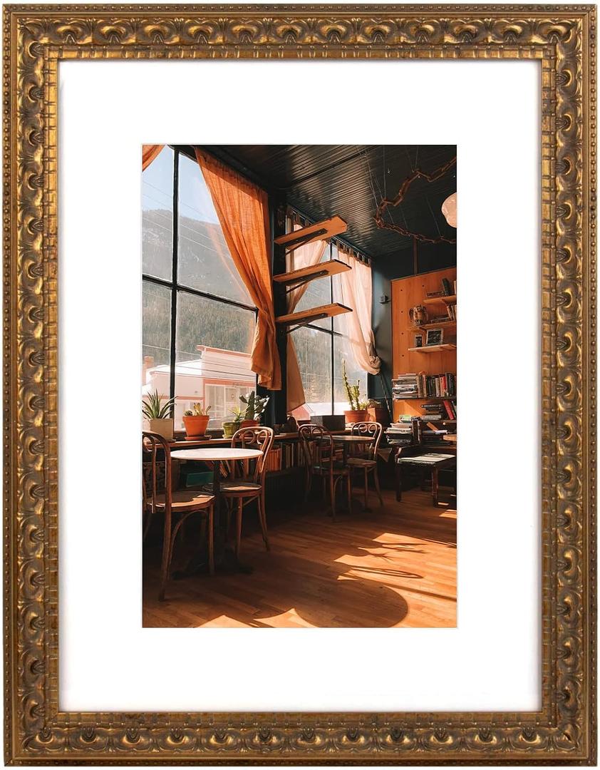 Golden State Art, 12x16 Ornate Bronze Color Frame - White Mat for 8x12 Photo - Complex Molding Design - Wall Mounting - Portrait/Landscape - Tempered Glass