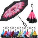 LLanxiry Windproof Inverted Umbrella, Large Reverse Umbrellas for Rain with C-shaped Handle Big Upside Down Inside Out Umbrella for Women & Men (pink daisy)