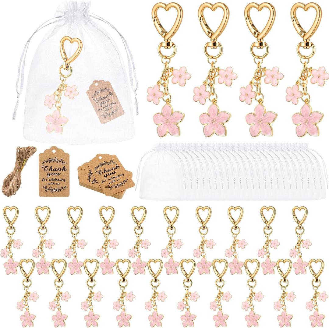 24 Set Pink Flower Keychains Bulk Party Favors Daisy Keyring Flower Keychain Present with Thank You Tags Organza for Guests Women Bag Wallet Purse Charms Christmas Gifts Wedding Bridal Supplies