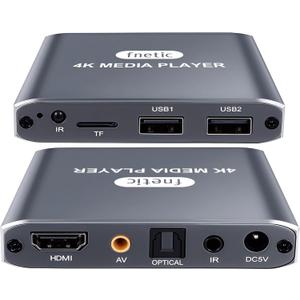 fnetic 4K HD Digital Media Player, TV MP4 Video Player for USB Drive/Micro SD Card, Digital Signage, Auto Playback, H.265/HEVC, Optical/HDMI/AV Output, Grey