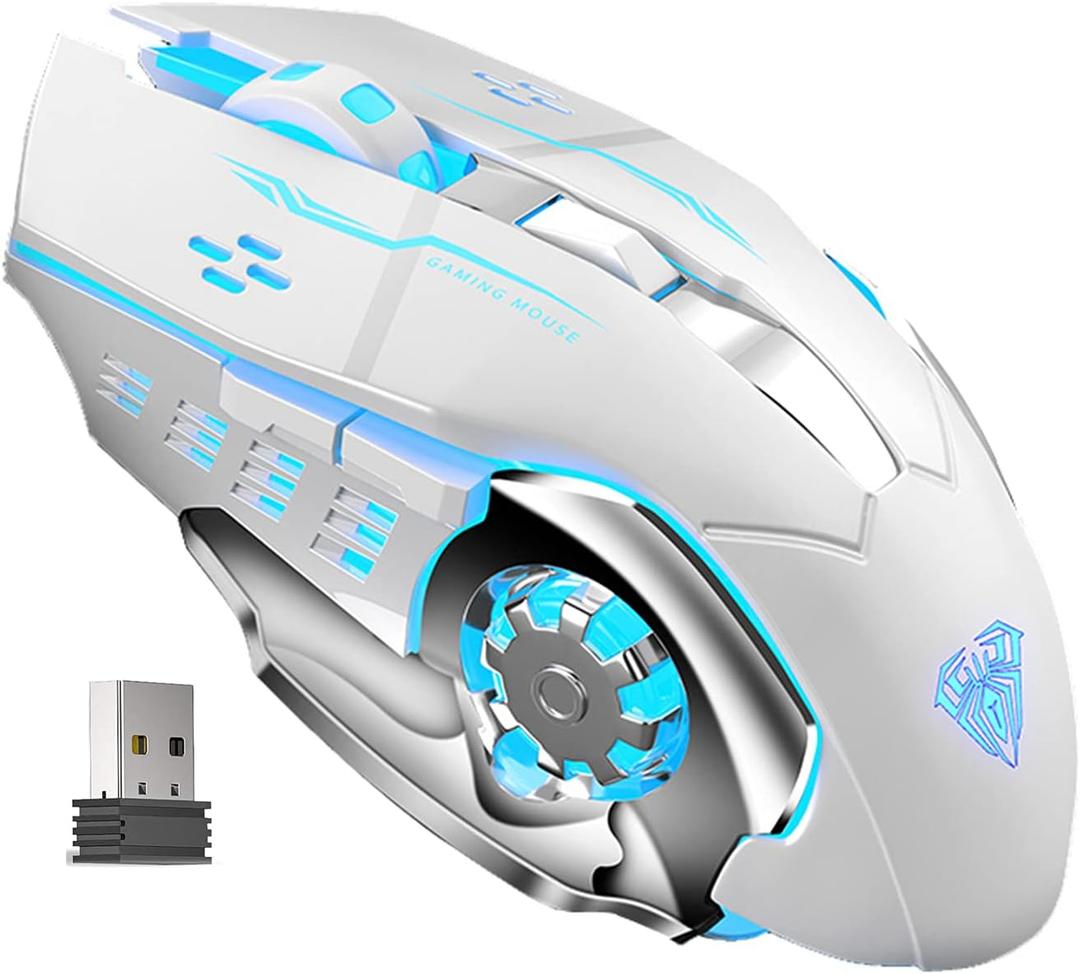 AULA SC100 Silent White Wireless Mouse Rechargeable, RGB LED Backlit, DPI Adjustable, 2.4G Wireless Optical Computer Gaming Mice with USB Receiver, Punk Cool Mouse for Office/Games