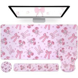 Petmolico Wrist Rest Set with Computer Keyboard Desk Pad, Mouse Wrist Rest, Keyboard Typing Wrist Pad and Cup Coasters, Ergonomic Design for Typing Pain Relief [Pink & Rose, Bowknot]