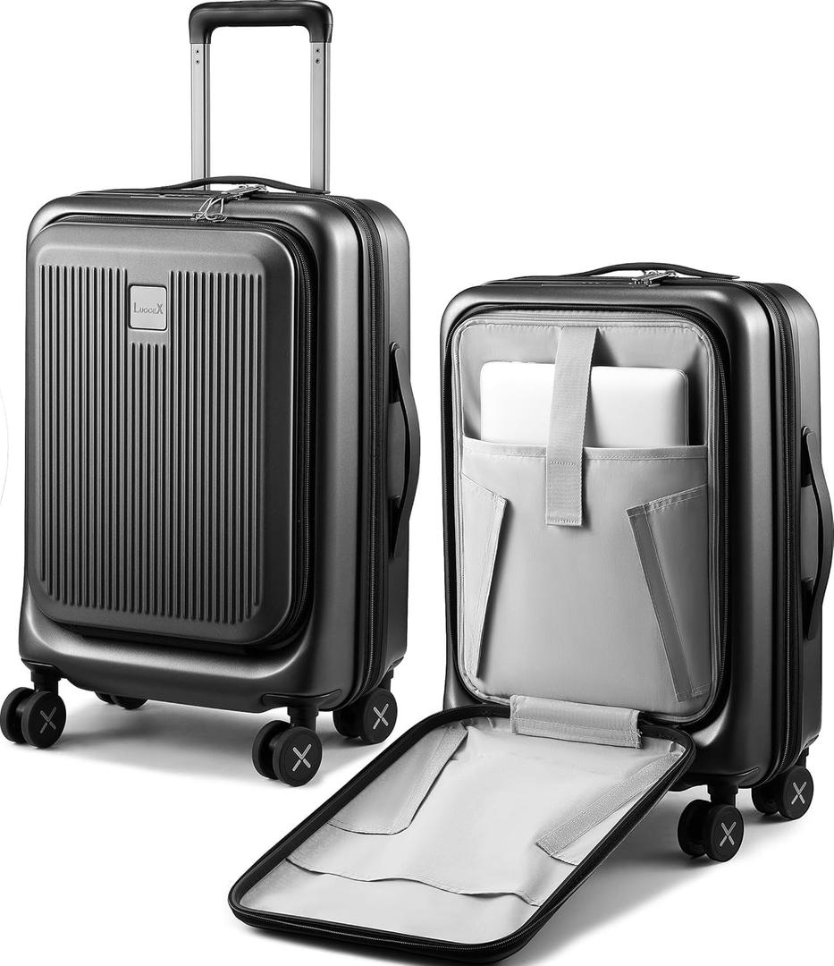 Carry on Luggage 22x14x9 Airline Approved, LTB PC Hard Shell Suitcase with Front Pocket, Expandable Luggage with USB Port (FX-Lite, Black, 20 Inch, 37L-42L) (Charcoal Metallic)