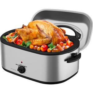 Roaster Oven 28 Quart, Electric Turkey Roaster with Self-Basting Lid, Removable Pan & Rack, Variable Temp Control, Stainless Steel Silver