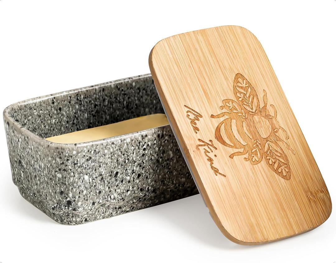 YHOJOY Ceramic Butter Dish with Lid, Covered Butter Dish for Countertop and Refrigerator, Large Butter Keeper Holder with Airtight Seal, HoneyBee Kitchen Decor, Gray (Gray algae tone)