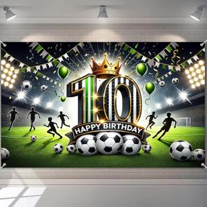 Happy 10th Birthday Banner Soccer Backdrop 120x84 Inch Football Stadium Party Decrations Background Decoration Football 10th Anniversary for Boys Kids Photo Booth Party Supplies