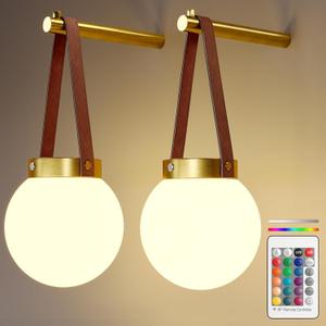 Battery Operated Wall Sconces Set of 2, Gold Wall Lamps for Bedroom with Remote Control Warm/Natural/Daylight/RGB 15 Colors Dimmable Rechargeable Wireless Globe Wall Lights Retro Living Room Hallway