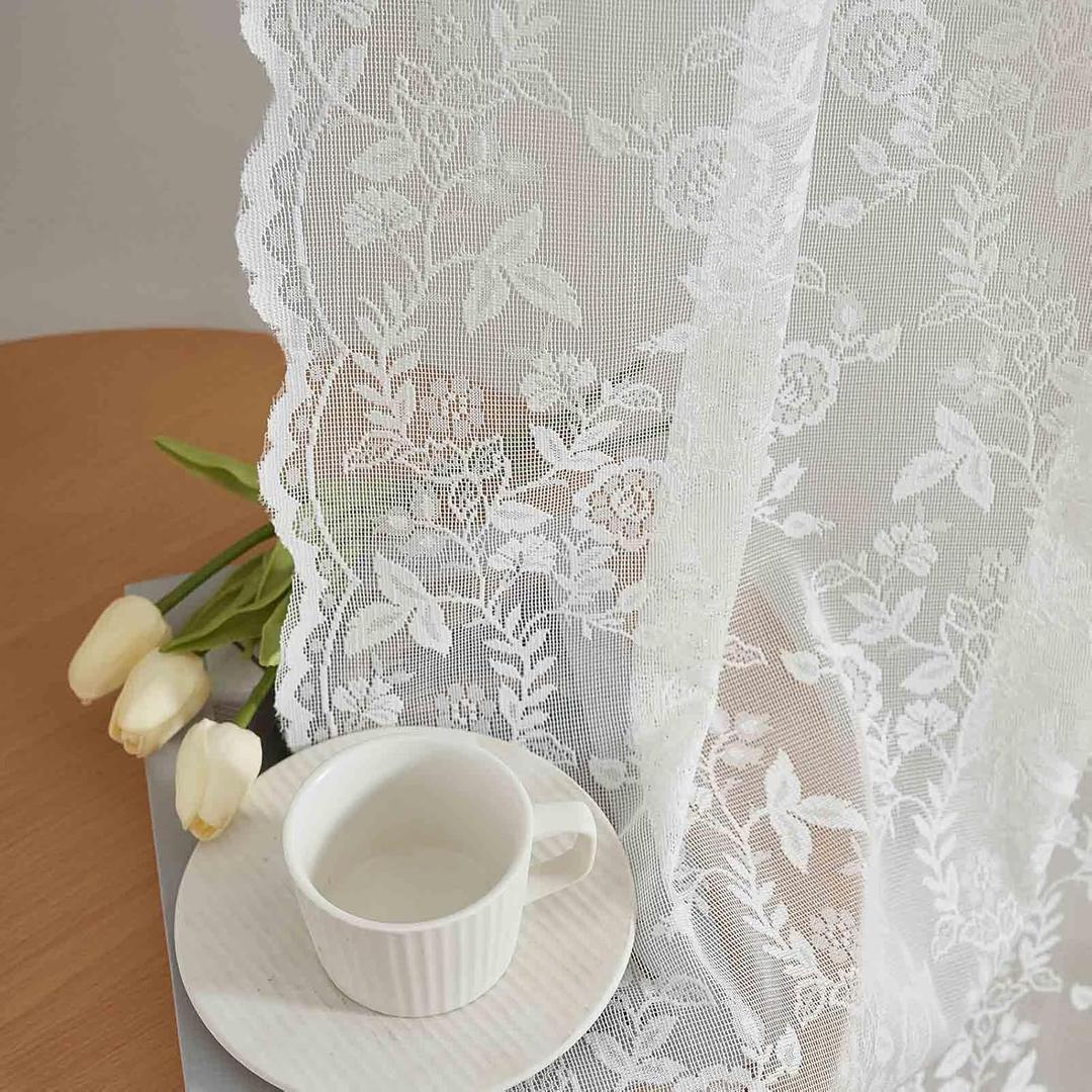 FINECITY Lace Curtains 63 Inch Length for Bedroom, Rustic Leaf Floral Design Lace Curtain Panels, Rod Pocket Farmhouse Privacy Window Sheer Lace Curtains, 42 x 63 Inch, 2 Panels, Ivory