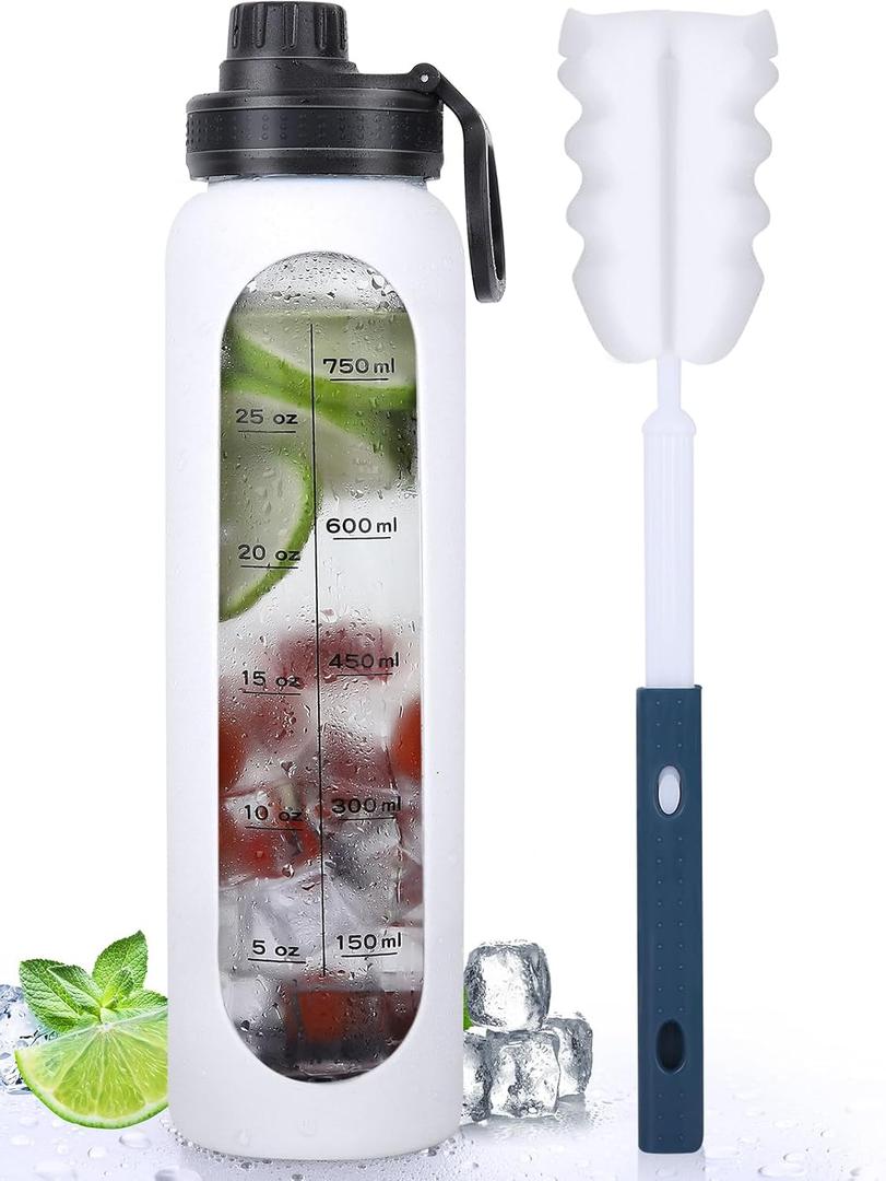 GIEMIT Glass Water Bottles 32oz with Silicone Sleeve Drinking Hydration Bottles Reusable Borosilicate Wide Mouth Motivational Water Flask Canteen with Time Marker Spout Lid and Brush (White - 32 oz)