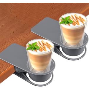 2PCS Drinking Cup Holder, Kalolary Desk Bottle Cup Stand DIY Glass Clamp Storage Saucer Clip Water Coffee Mug Holder Saucer Clip Design for Home & Office, Grey