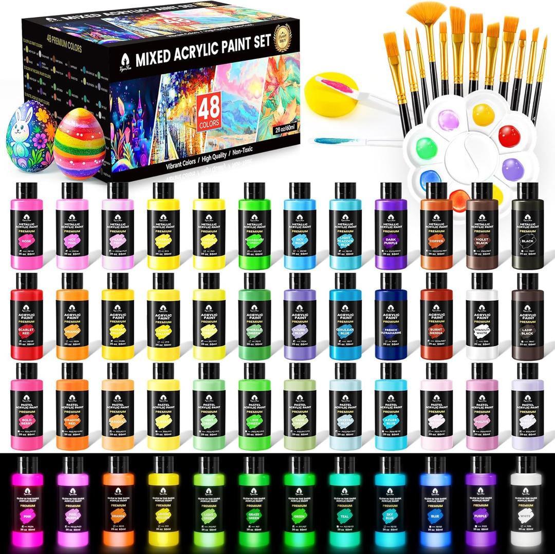 64 Pcs Classic & Pastel & Metallic & Glow in the Dark Acrylic Paint Set with 12 Brushes, 2 Knives & Palette - 48 Colors(2oz/60ml) for Adults, Kids, Artists & Beginners - Easter Basket Egg Painting Kit