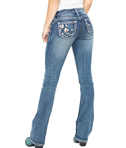 QJBMEI Women's Flower Embroidery Stretch Slim Bootcut Jeans Mid Rise Washed Denim Pants Small