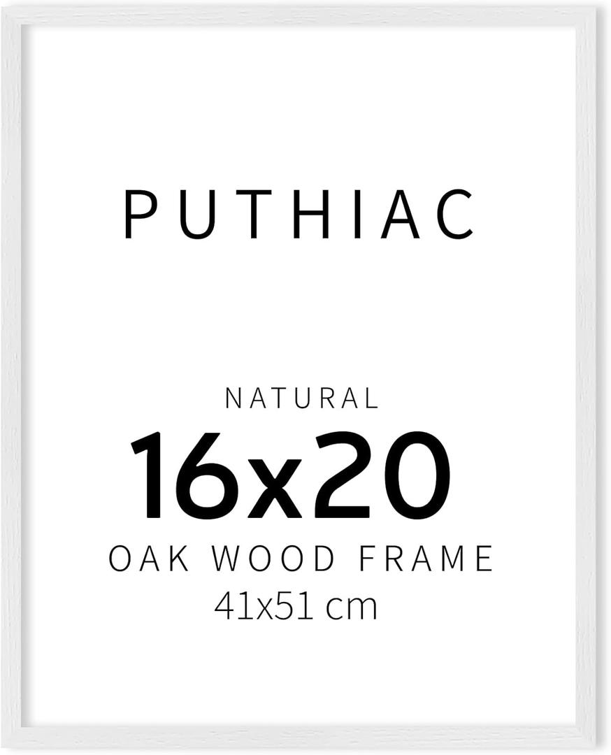puthiac 16x20 Solid Oak Wood Picture Frame, Fits 12x16 with Mat or 16x20 Without Mat, Wall Display Only, Vertical or Horizontal, Plexi Front, 1 Pack, White