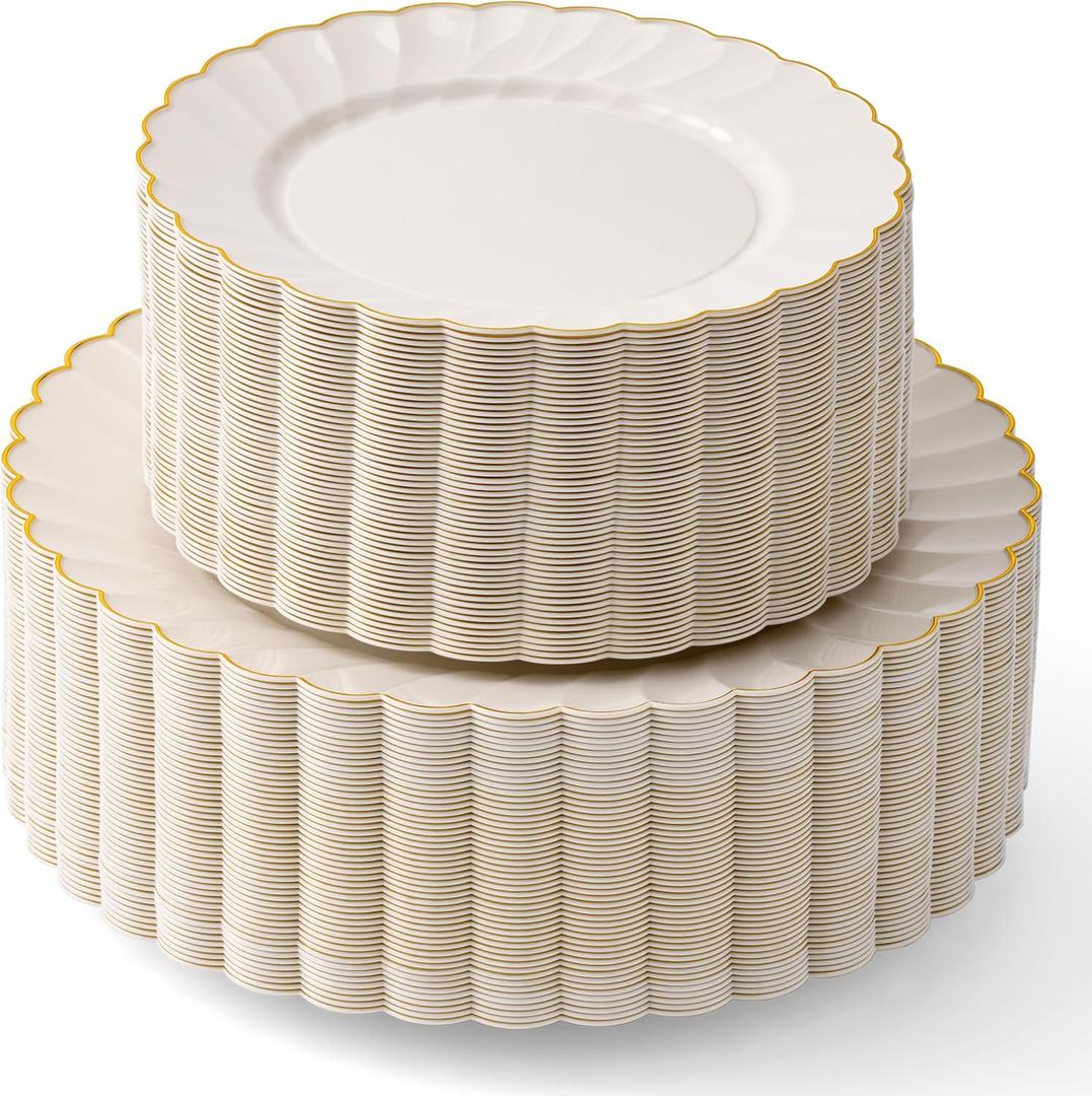 By Madee HEAVYWEIGHT 100 Pc Ivory Scalloped Plastic Plates with Gold Trim  Nice Disposable Plates for Party | For Effortless Hosting with High-End Style | Chic Strong  Disposable (50 Guests) (Ivory and Gold)