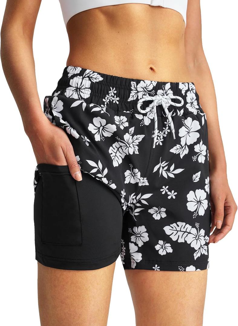 Women's 3''/5''/7'' Swim Board Shorts Quick Dry Beach Shorts with Liner Pockets Swimsuits Bottoms Trunks for Women (Large, Black Floral)