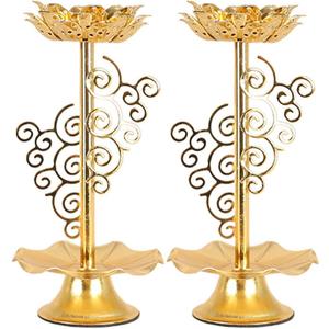 Gold Lotus Tealight Candle Holder - 2pcs Religious Diwali Votive Candle Holder Stand Decorative Temple Home Decor (16.5X5X5cm)