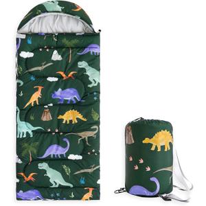 Wake In Cloud - Kids Sleeping Bag for Boys Toddlers, Camping in Warm Cold Weather, Backpacking Lightweight Compact Outdoor Liner for 3 Seasons, Watercolor Dinosaurs (Standard 61x26, Dark Green)