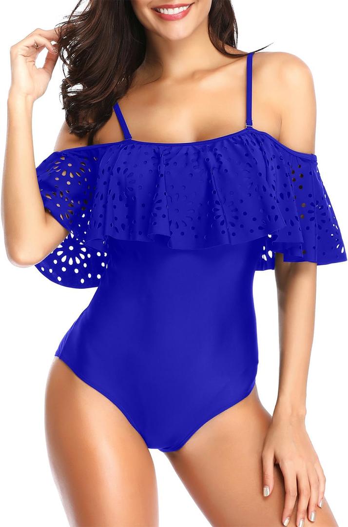 Tempt Me Women One Piece Off Shoulder Lace Swimsuits Ruffle Flounce Hollow Bathing Suits (Small, Royal Blue)