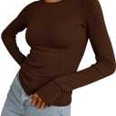 BTFBM Womens Tops 2025 Fall Outfits Long Sleeve Shirts Crewneck Work Blouses Stretchy Slim Fit Going Out Top Workout (Small, Coffee)