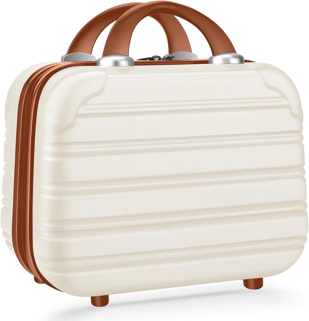 14 inch Hard Shell Makeup Train Case Portable PC ABS Mini Suitcase for Organizer Cosmetics Makeup Brushes Toiletry Beige (cream white)
