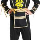 Kidukso Halloween Ninja Costume Dragon Pattern Ninja Outfit Cool Dress Up Role Play Costumes Sets, Gold L