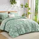 Luxudecor Green Floral Comforter Set, Queen Size 7 Pieces Bed in a Bag