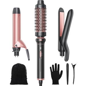 Wavytalk 3 in 1 Curling Wand Set, Multi Curl, Curling Iron Set with Heated Round Brush, Flat Iron Hair Straightener, 1 1/4 inch Curling Iron, Dual Voltage Hair Curler (Rose Gold)