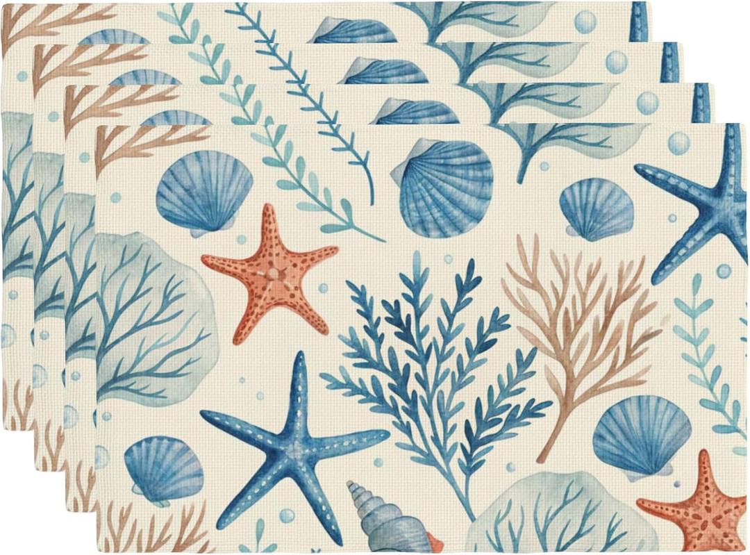 Watercolor Blue Seashells Placemats Set of 4 12x18 Inch