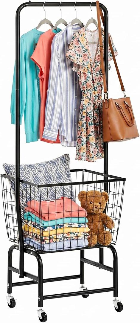 ALIMORDEN Rolling Laundry Cart with Hanging Rack & Extra Large Basket,Black
