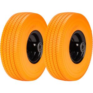 10" 4.10/3.50-4 Flat Free Tires Wheels with Rim Solid Tubeless Rubber for Hand Truck Trolley Garden Utility Wagon Cart Lawn Mower Wheelbarrow Generator with 5/8" Bushing, Orange(2 Pack)