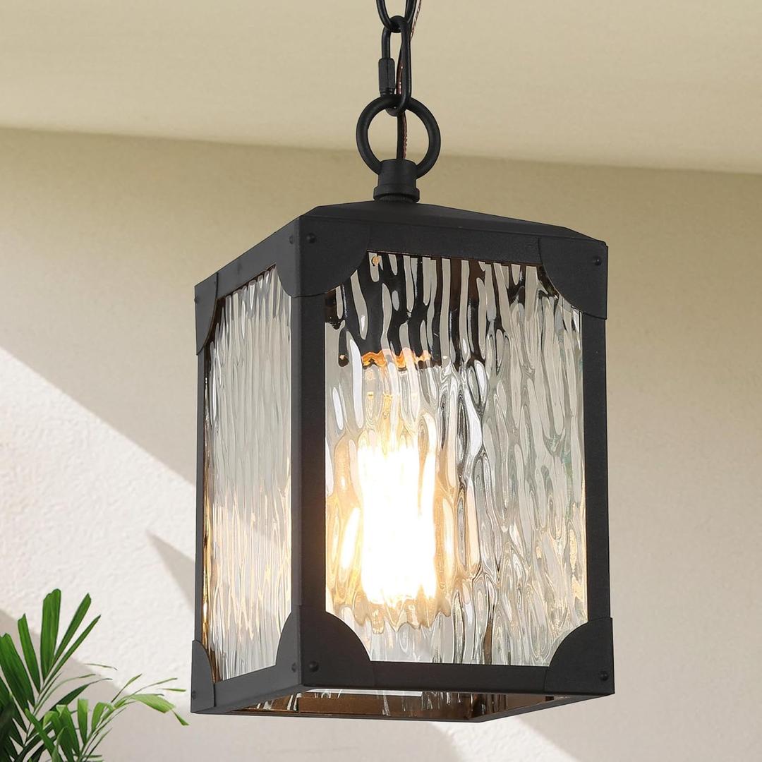 Outdoor Pendant Light Fixture, Farmhouse Exterior Hanging Lights with Adjustable Chain, Black Ceiling Outdoor Light with Water Ripple Glass, Anti-Rust Lantern for Front Door, Entry, Porch, and Gazebo