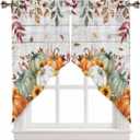 Fall Pumpkin Swag Valances for Windows Thanksgiving Valance Curtains, Wood Kitchen Curtain Sets Rod Pocket Kitchen Window Curtain Over Sink, Swag Curtains for Living Room Bedroom, 28x36inch,2 Panels (Green Gray)