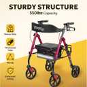 Walkers for Seniors with Seat W20S, 350 lbs Heavy-Duty Rollator Walker, Smooth 8 Widened Wheels, Foldable, Dual Height Adjustable, Thickened Ergonomic Seat & Backrest, Burgundy Red