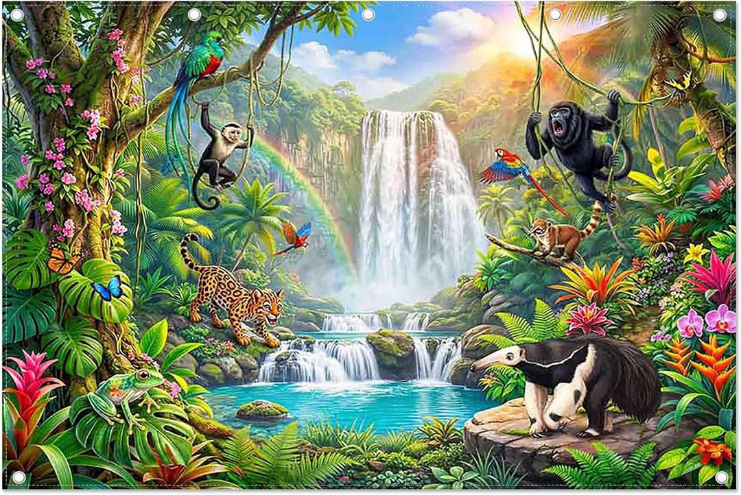 Fabric 12x8ft Rainforest Wild Animals Photography Backdrop Tropical Jungle Scenery Safari Waterfall Background Summer Event School Classroom Party Decorations Photo Props