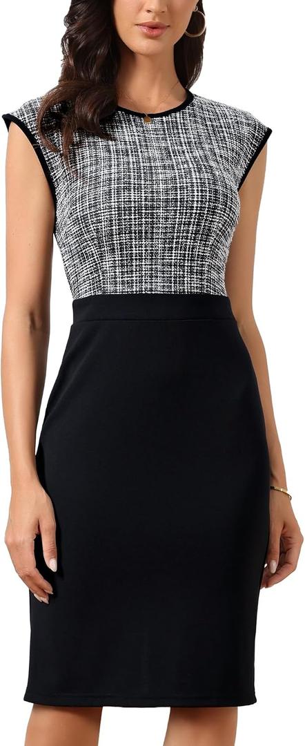 Allegra K Tweed Dress for Women Patchwork Crew Neck Cap Sleeve Office Business Bodycon Pencil Sheath Dresses